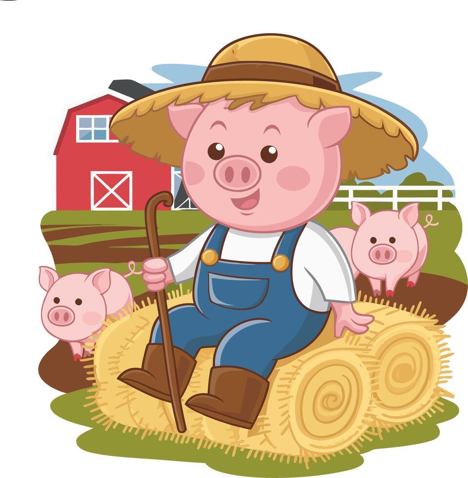 Cute Cartoon Piglet Farmer with Haystack and Barnyard Scene for Children's Illustrations vector