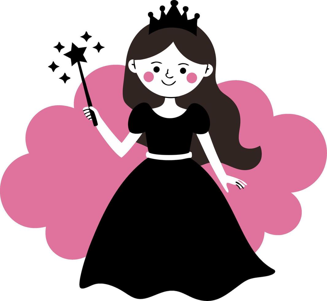 Cute Cartoon Princess with Magic Wand in Black Dress on Pink Cloud vector