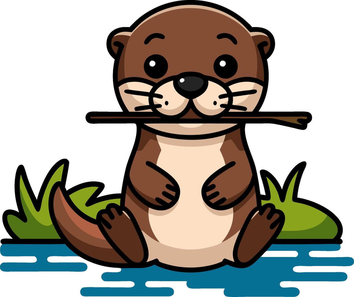 Cute Cartoon Otter Sitting with Stick by Water in Nature Illustration vector