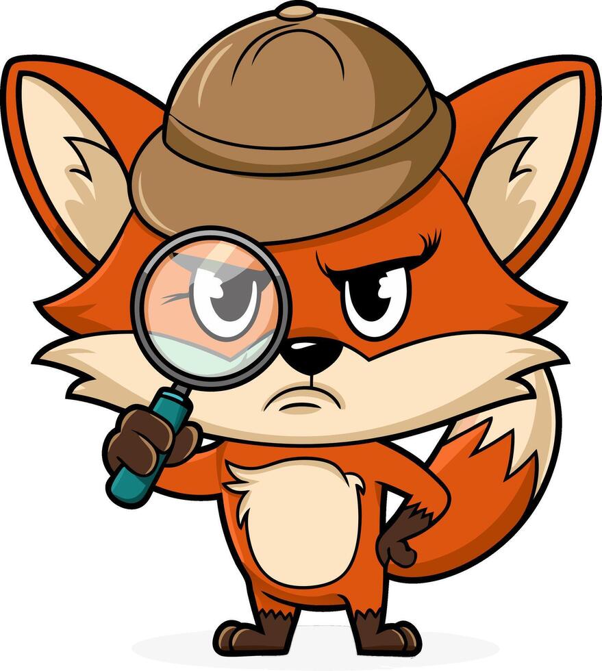 Cute Detective Fox Cartoon with Magnifying Glass Illustration vector