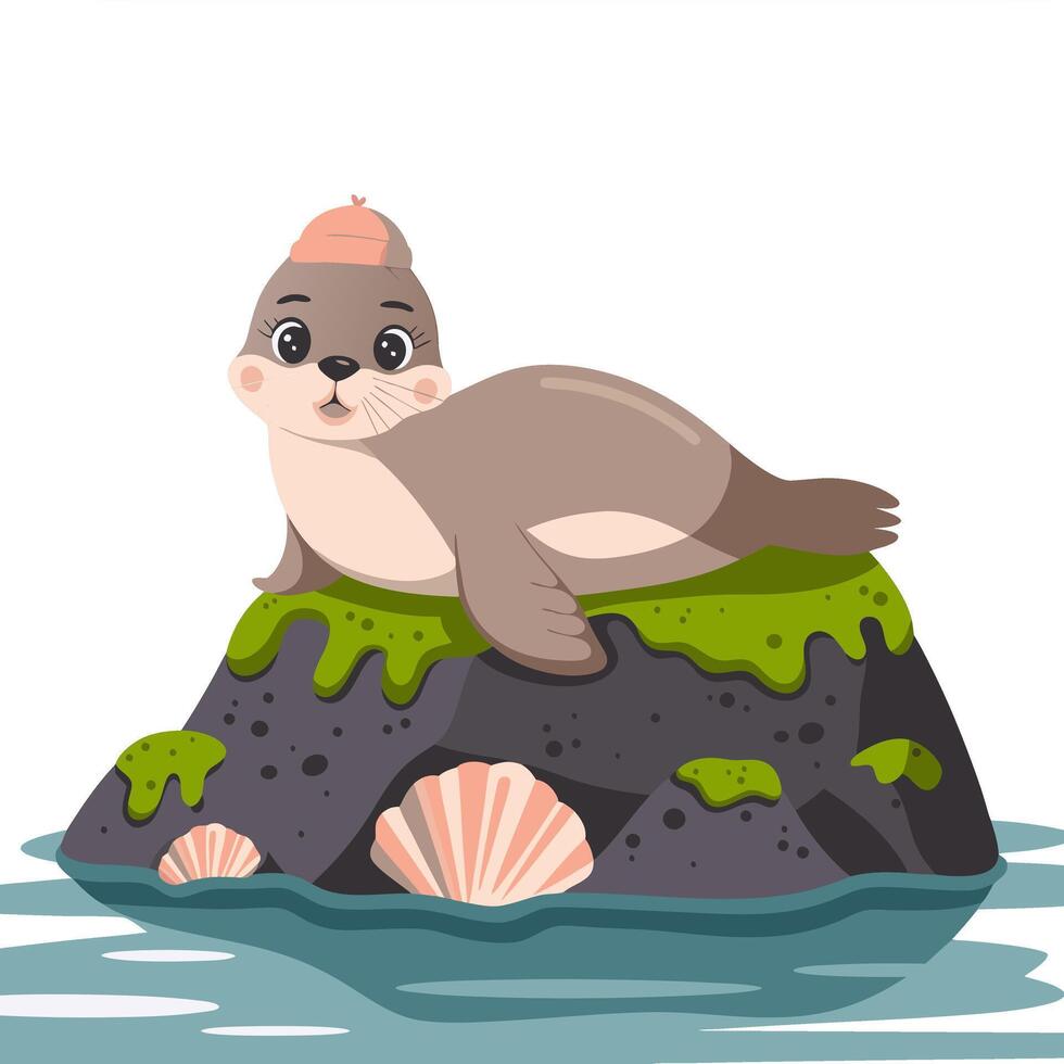 Cute Cartoon Seal Relaxing on Sea Rock with Moss and Seashells Art vector