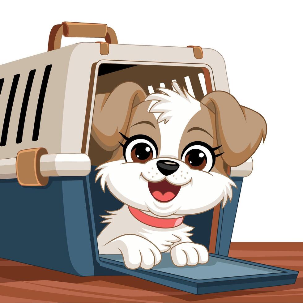 Cute Cartoon Puppy in Pet Carrier Happy Travel Companion Illustration vector