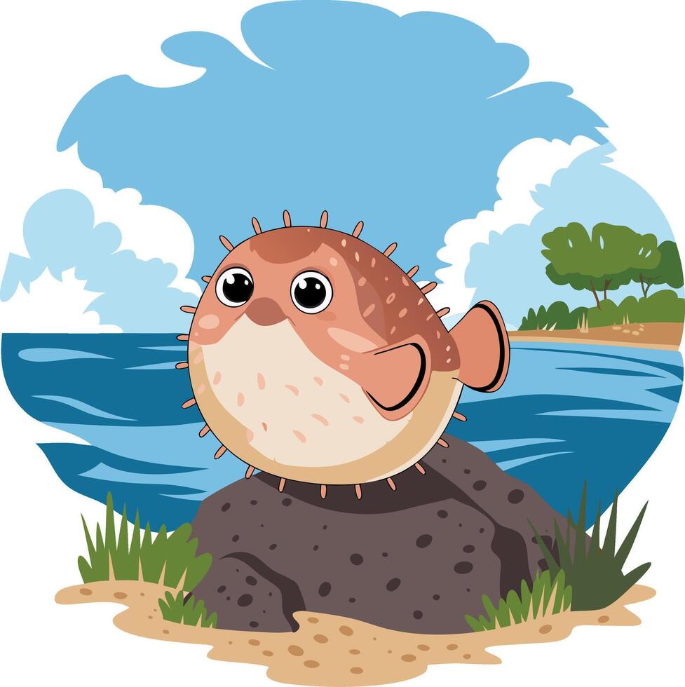 Cute Cartoon Pufferfish on Rock by Ocean Colorful Illustration vector