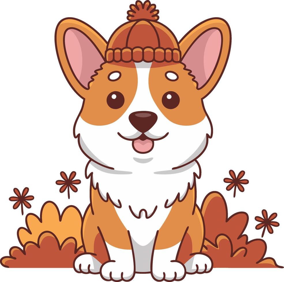 Cute Corgi in Knit Hat Surrounded by Autumn Leaves Illustration vector