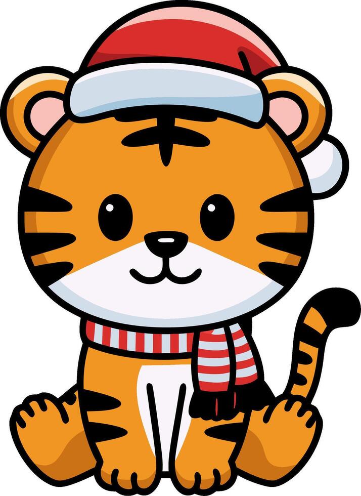 Cute Christmas Tiger Cartoon with Santa Hat and Scarf for Holiday Decor vector