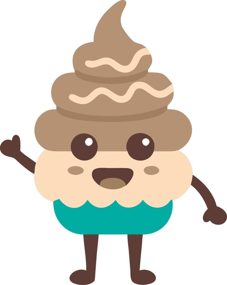 Cute Cartoon Cupcake Character with Chocolate Frosting Holding Up Hand vector