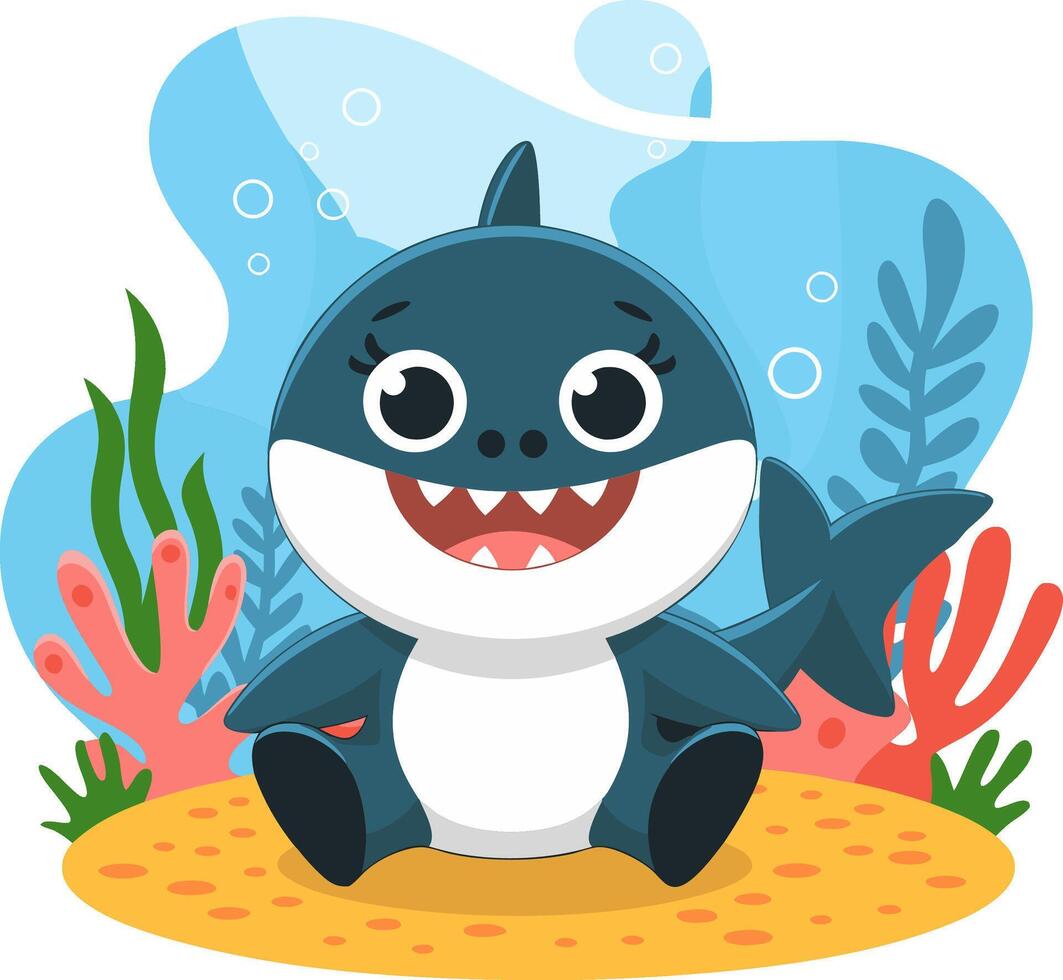 Cute Cartoon Shark Underwater Scene with Coral and Bubbles Art vector