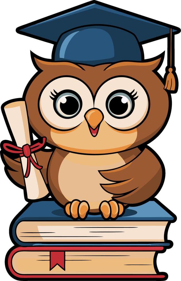 Cute Graduation Owl with Cap Holding Diploma on Books vector