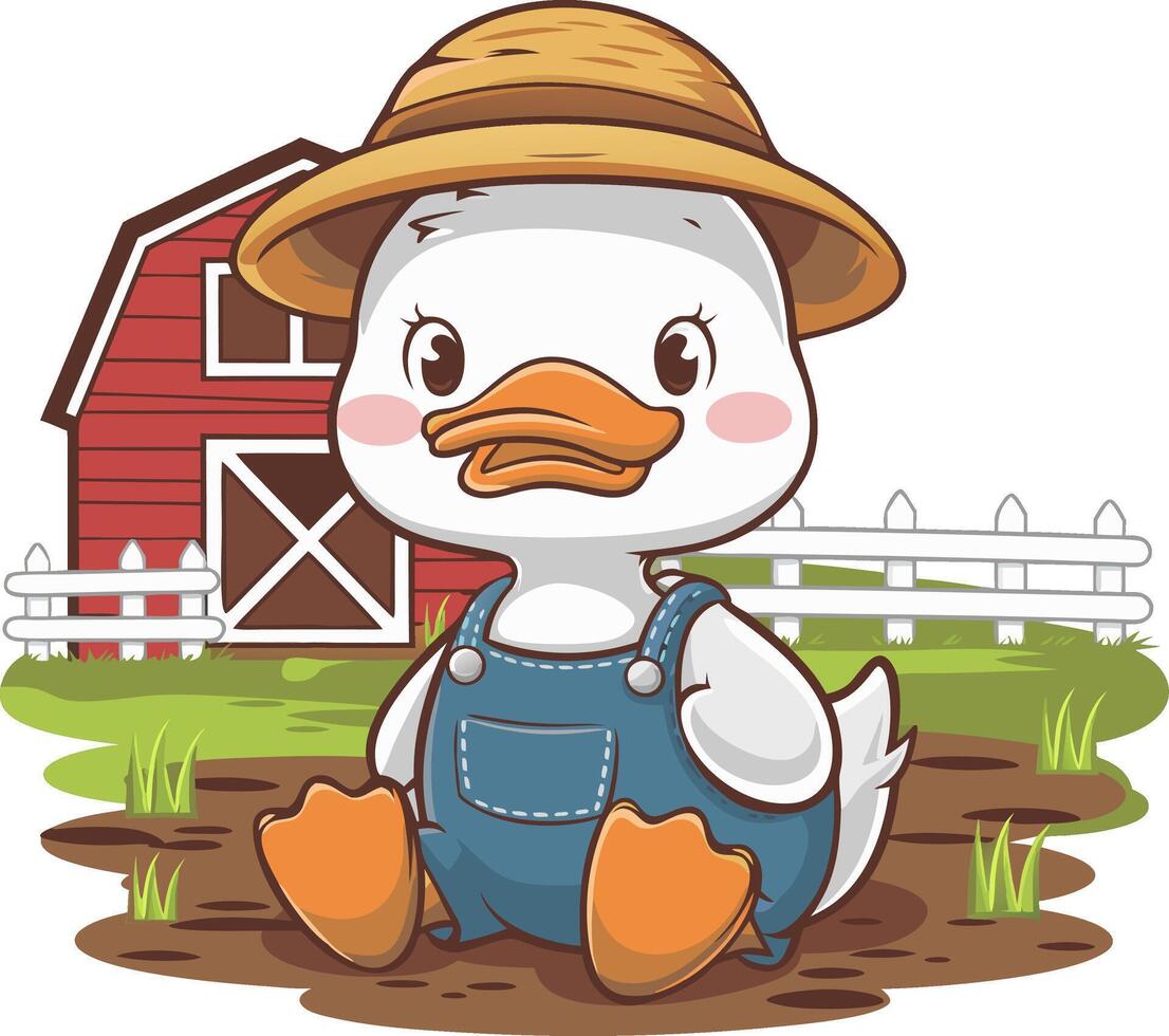 Cute Cartoon Duck in Farm Overalls with Hat in Rural Barnyard vector