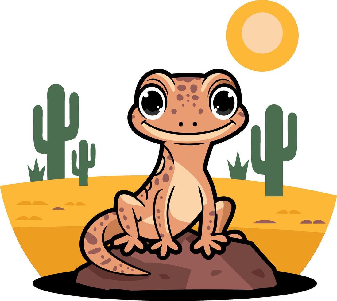Cute Desert Gecko Illustration on Rock in Sunny Cactus Landscape vector