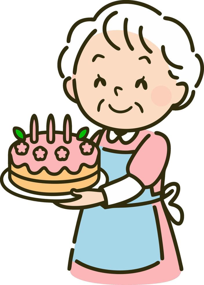 Cute Elderly Woman Holding Birthday Cake Illustration vector