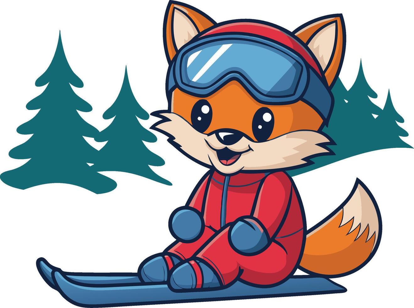 Cute Fox Skier in Red Winter Gear Art with Snowy Pine Trees vector