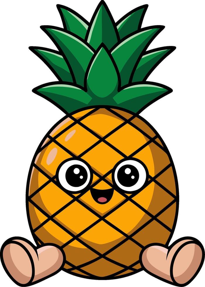 Cute Cartoon Pineapple Character with Happy Face and Green Leaves vector