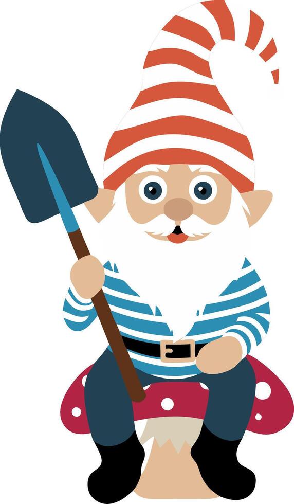 Cute Garden Gnome with Shovel Sitting on Mushroom Cartoon Illustration vector