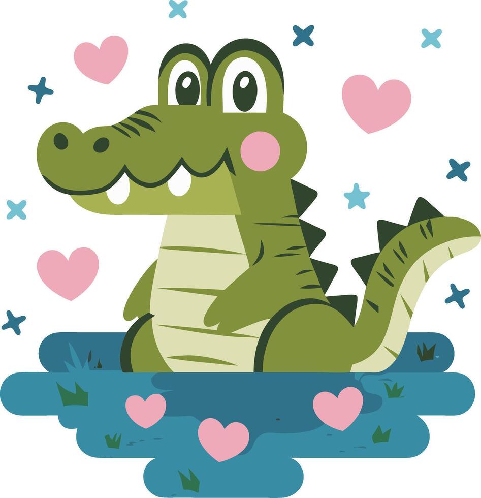 Cute Cartoon Crocodile with Hearts in Swamp Illustration vector