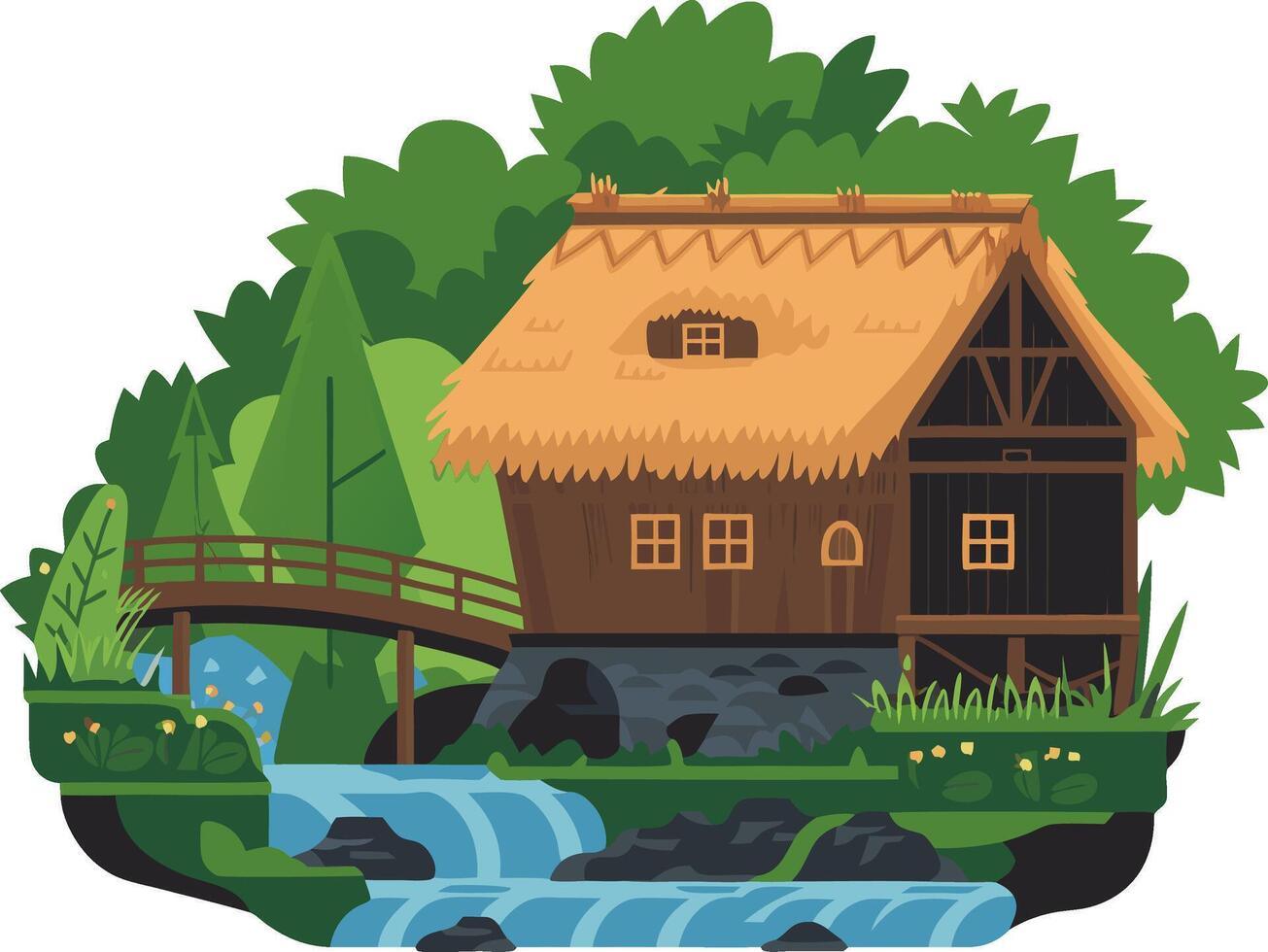 Charming Cottage by Forest Stream with Rustic Bridge in Cartoon Style vector
