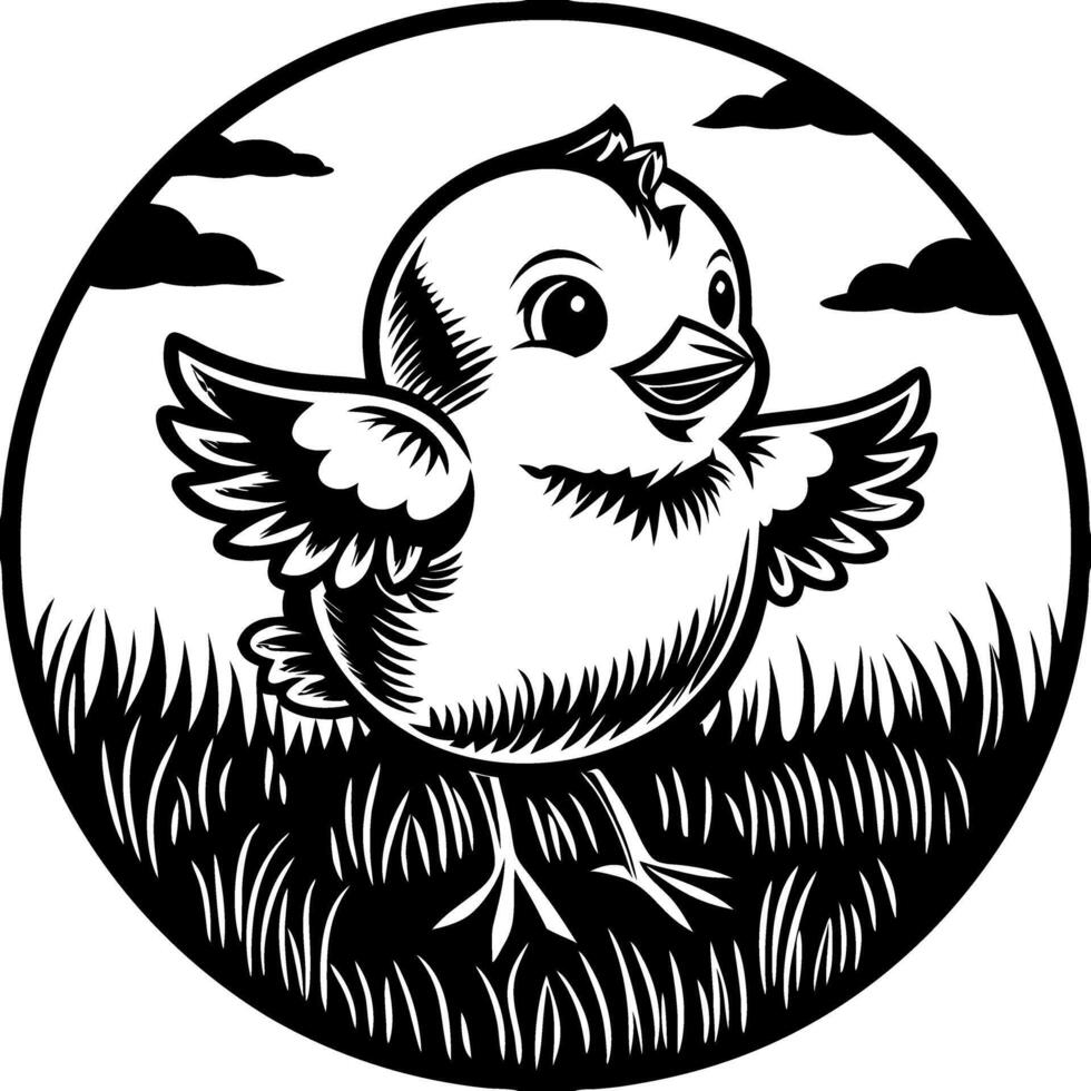 Cute Cartoon Chick Illustration in Grass with Clouds Art vector