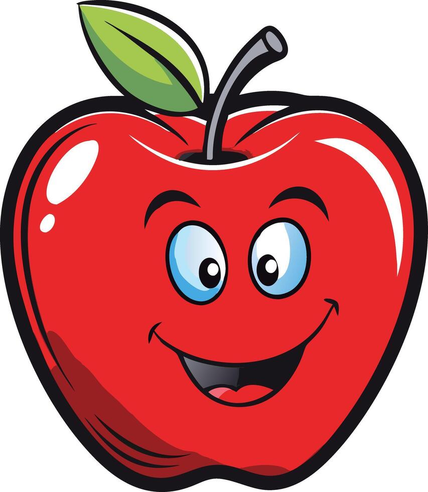 Smiling Red Apple Cartoon with Leaf and Cheerful Expression vector