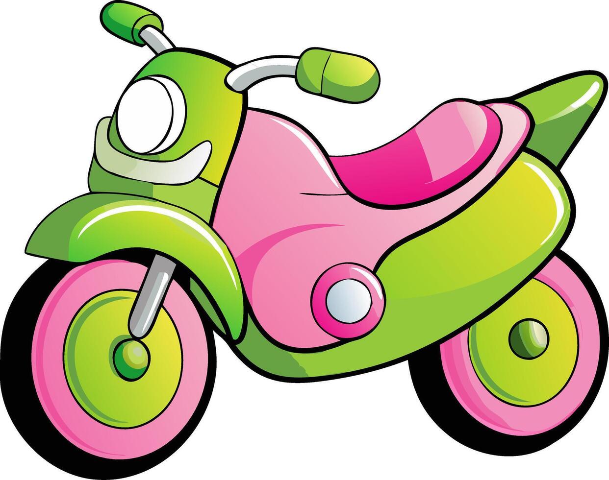 Vibrant Cartoon Green and Pink Motorcycle Illustration for Kids vector