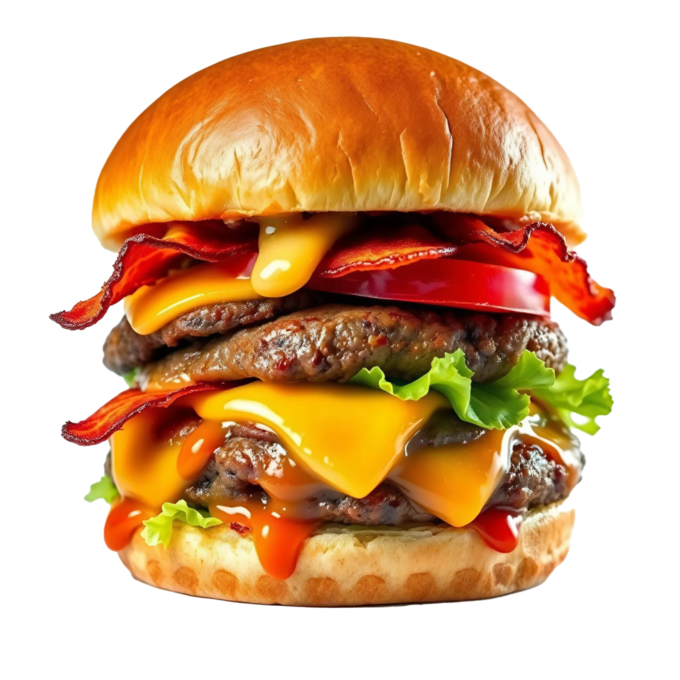 Juicy beef hamburger with melted cheese, crispy bacon strips, fresh lettuce, ripe tomato slices, golden brioche bun isolated on transparent background png