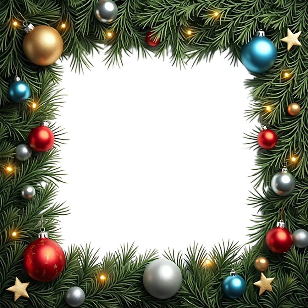 A square Christmas Frame with Ornaments and Lights png