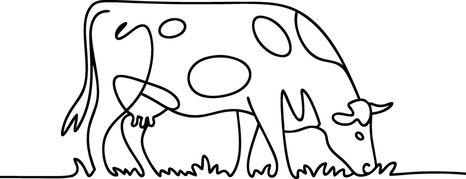 Continuous Line Drawing Grazing Cow Outline Minimalist Farm Art vector