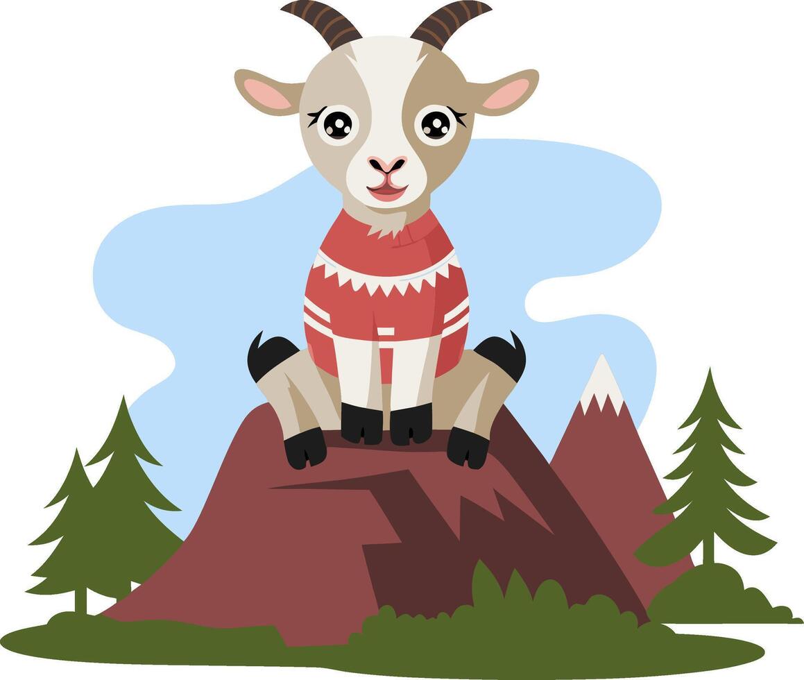 Cute Cartoon Goat Wearing Sweater on Mountain Illustration vector
