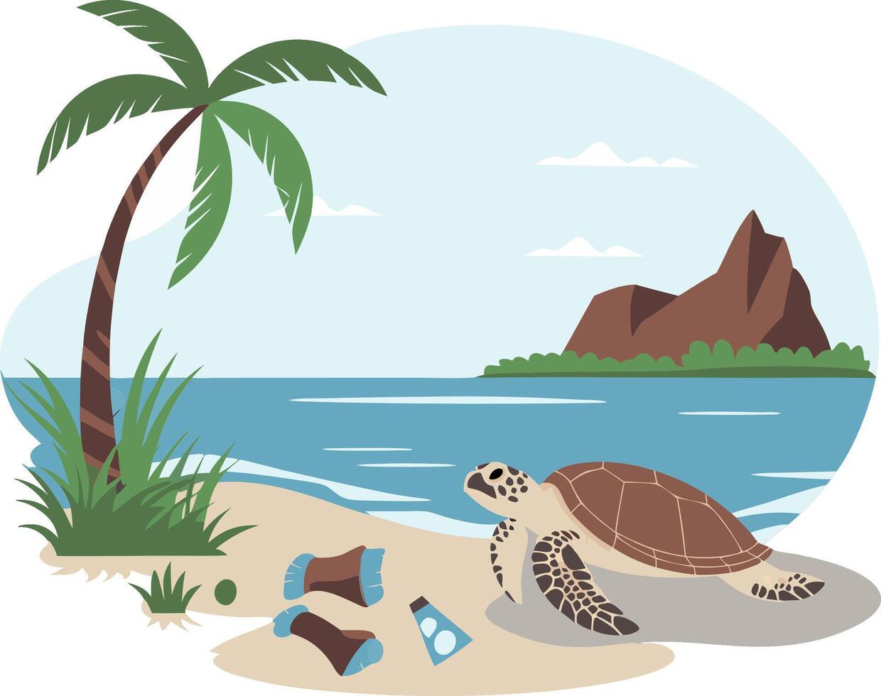 Tropical Beach Scene with Sea Turtle and Pollution Awareness Art vector