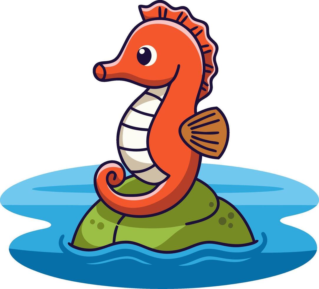 Colorful Cartoon Seahorse on Rock in Ocean Art Illustration vector