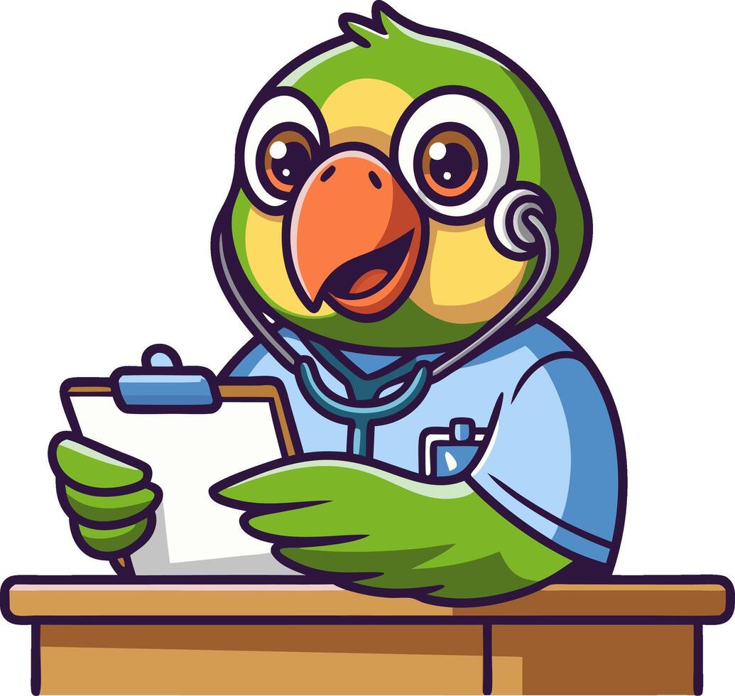 Cartoon Parrot Doctor with Stethoscope and Clipboard at Desk Illustration vector