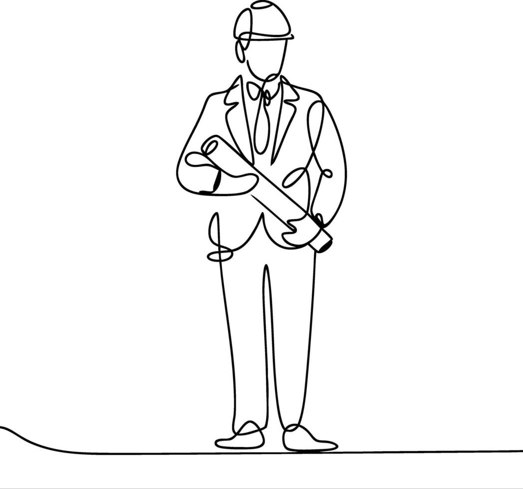 Continuous Line Drawing Architect with Blueprint Illustration vector