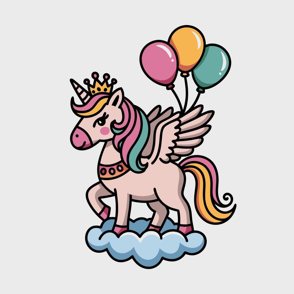 Colorful Winged Unicorn with Crown and Balloons on Cloud Illustration vector