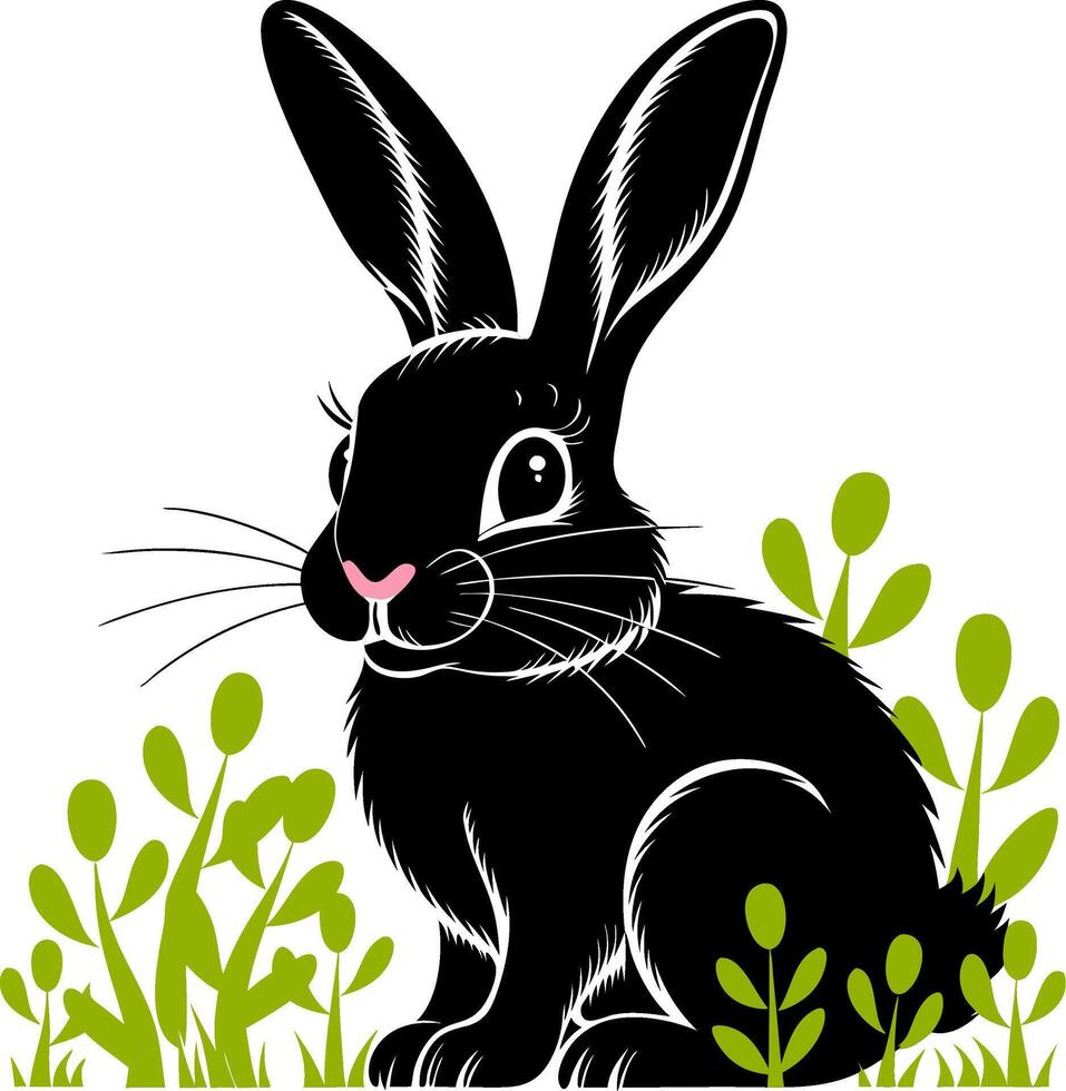 Charming Black Rabbit Among Greenery Illustration for Nature and Wildlife Themes vector