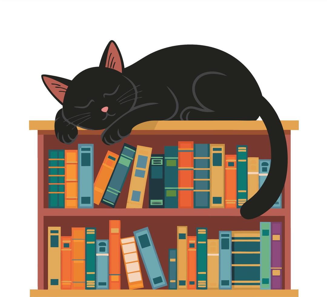 Black Cat Sleeping on Colorful Bookshelf Illustration Cozy Reading Nook vector