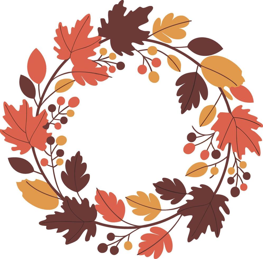 Autumn Leaf Wreath with Red Orange Yellow Foliage and Berries Illustration vector