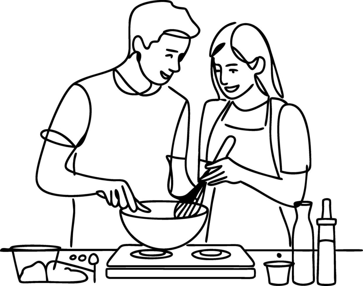 Couple Cooking Together in Kitchen Line Art Illustration for Culinary Concepts vector