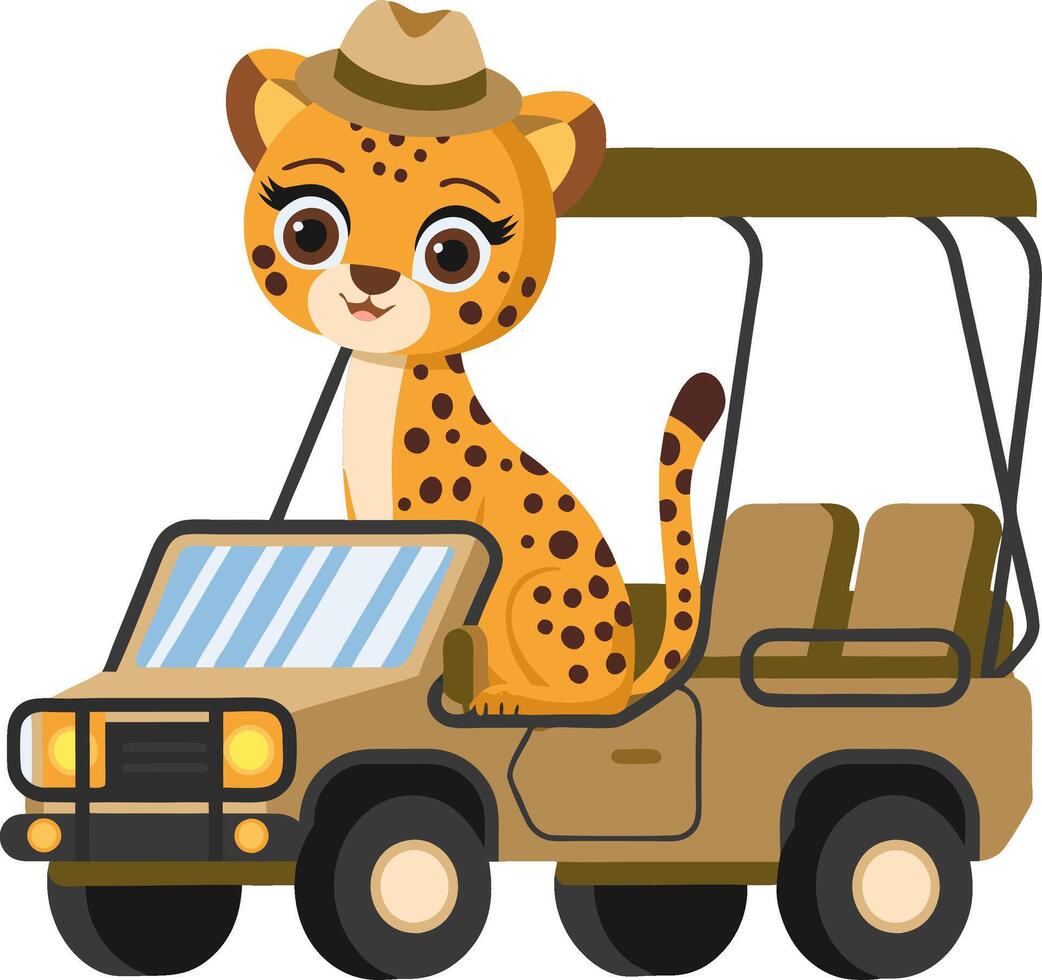 Cute Cartoon Cheetah Safari Jeep Adventure Illustration for Kids vector