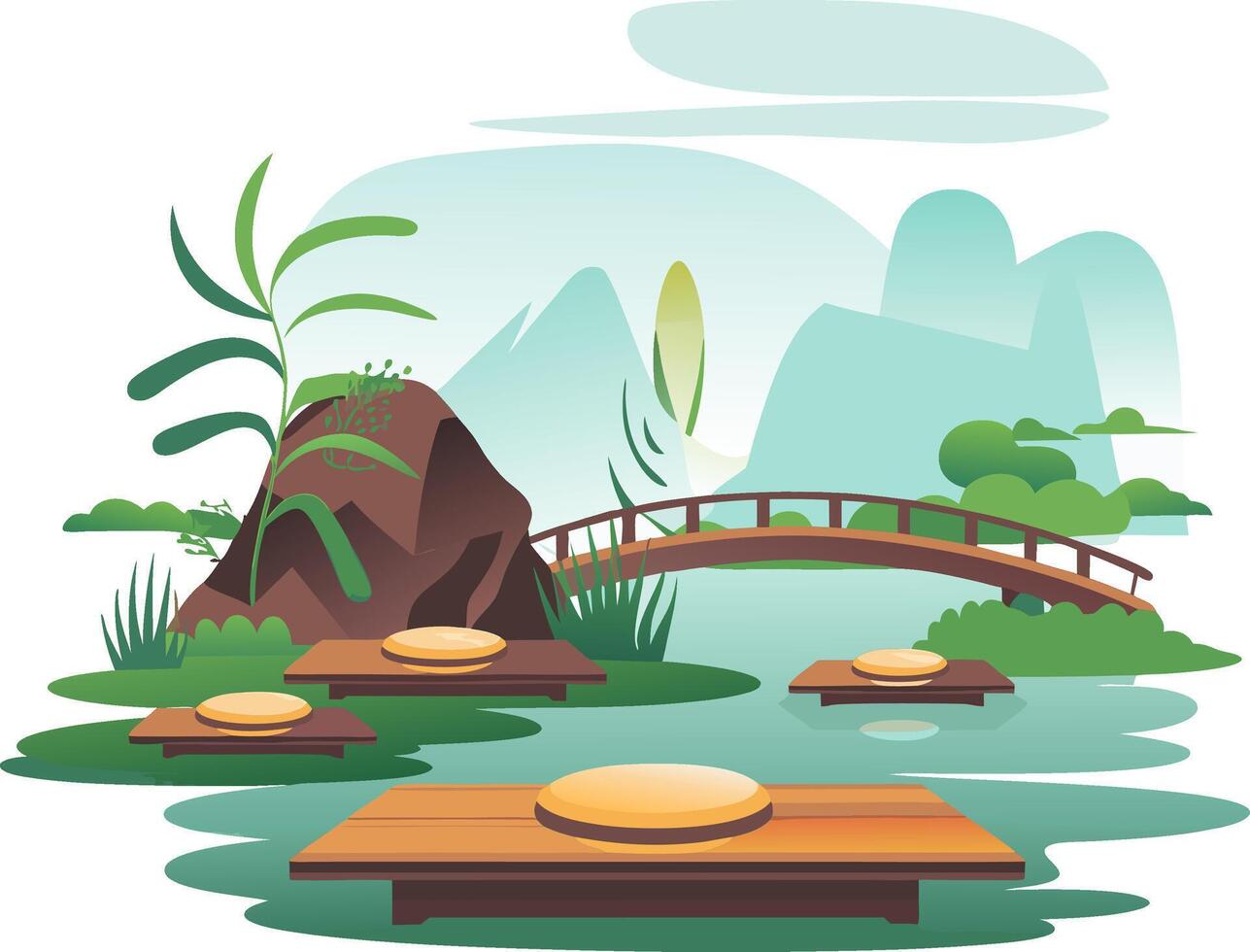 Serene Zen Garden with Bridge and Tranquil Water in Art vector