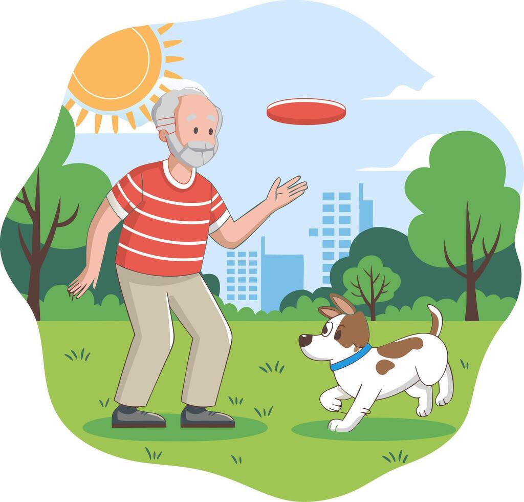 Senior Man Playing Frisbee with Dog in Park Illustration vector