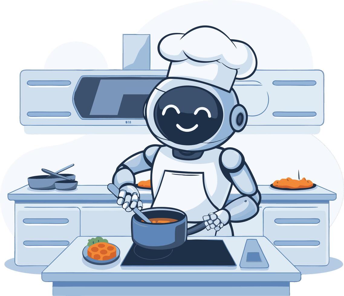 Robot Chef Cooking in Modern Kitchen Illustration AI Culinary Art vector