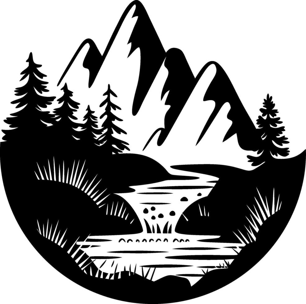 Scenic Mountain River Silhouette with Pines and Peaks Art vector