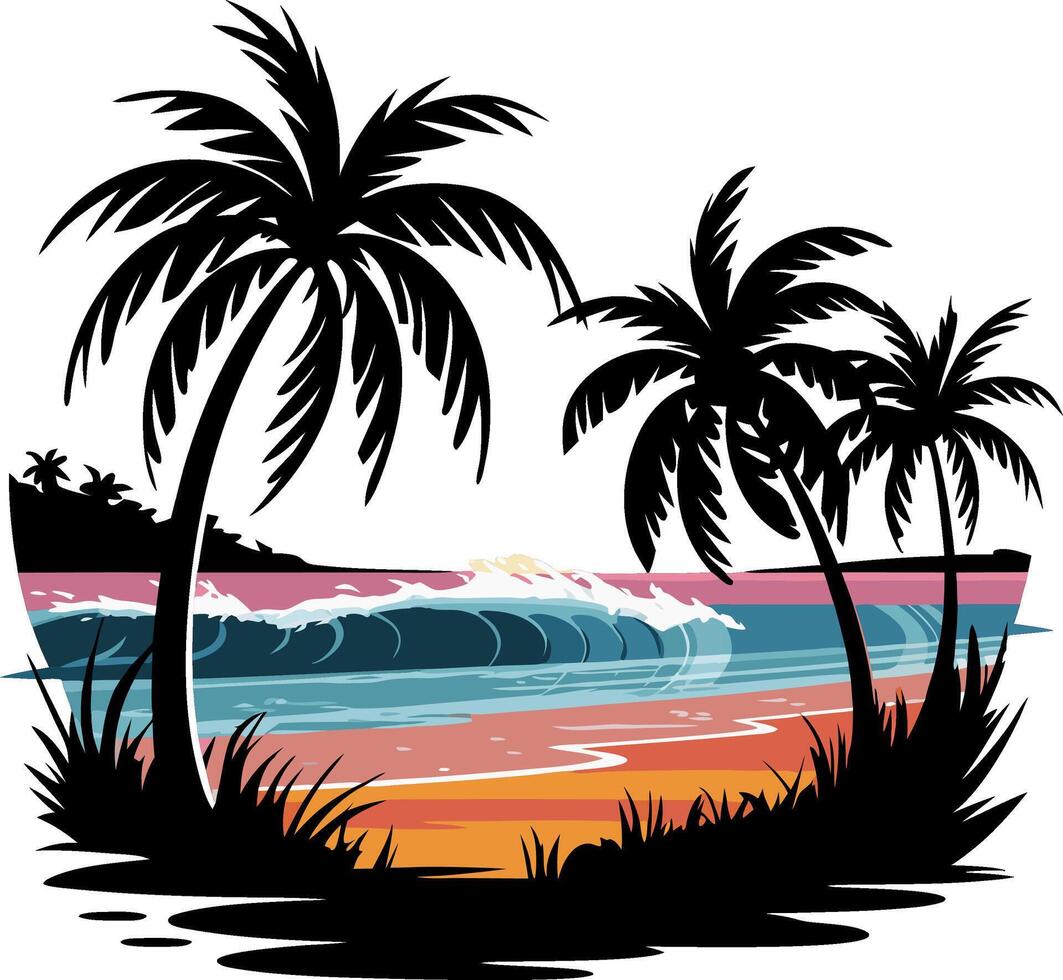 Tropical Beach Sunset with Palm Trees and Ocean Waves Illustration vector