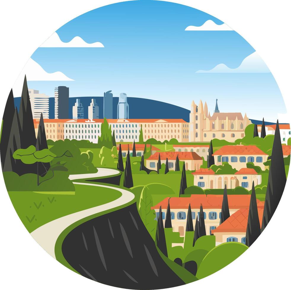 Scenic Cityscape Illustration Modern and Historic Architecture Contrast vector