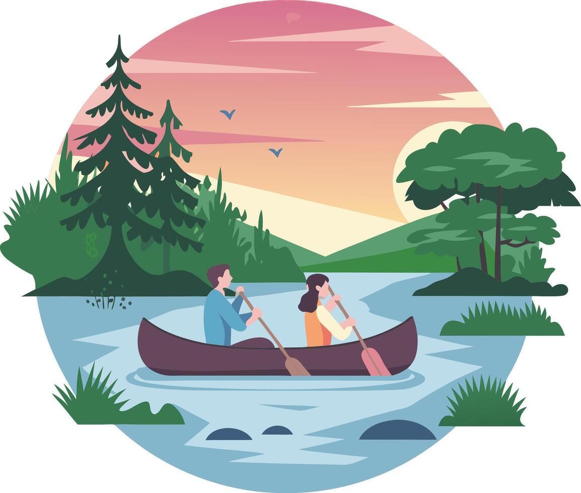 Scenic Sunset Canoeing Adventure on Serene River with Pine Trees and Nature vector