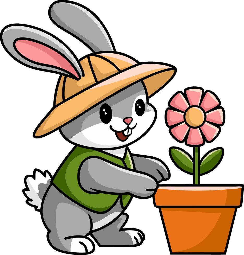 Cute Cartoon Bunny Gardener Watering Flower Plant in Pot for Kids Illustration vector