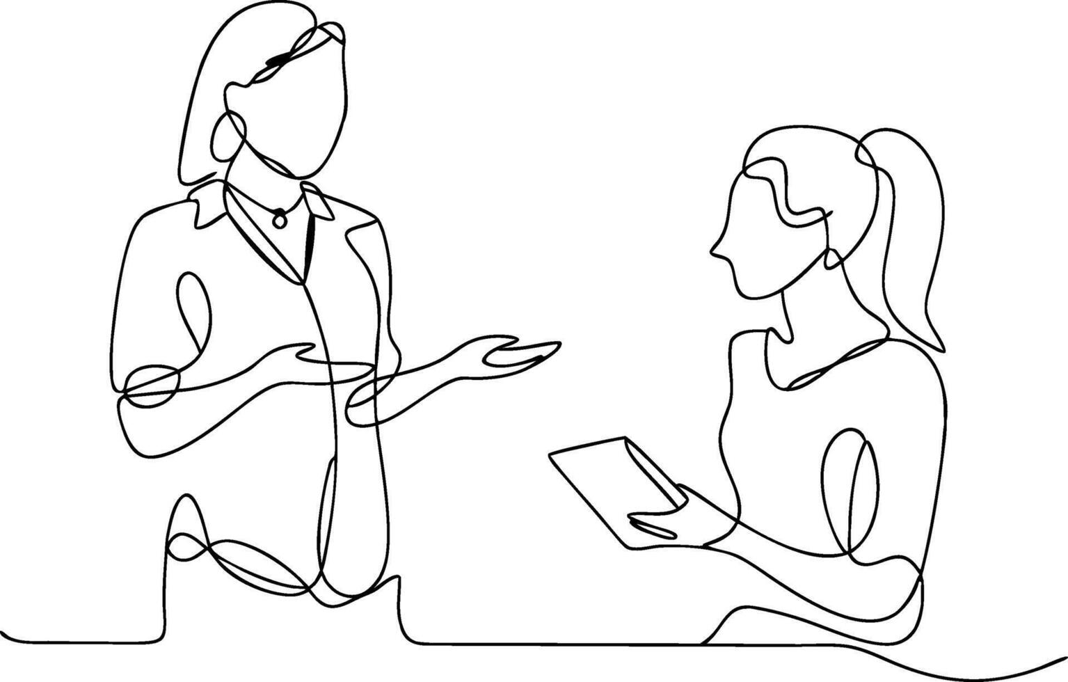 Continuous Line Drawing of Two Women in Discussion with Tablet vector