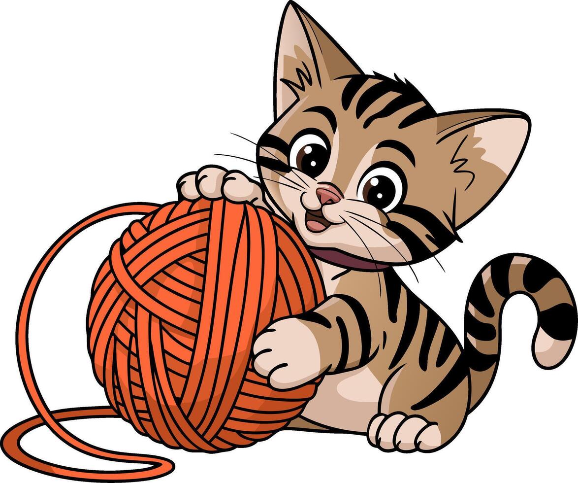 Cute Cartoon Kitten Playing with Orange Yarn Ball Illustration for Kids and Crafts vector