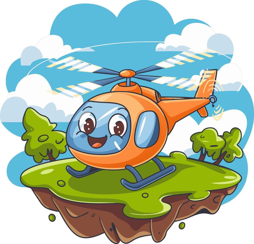 Cute Cartoon Helicopter on Floating Island with Blue Sky and Clouds vector