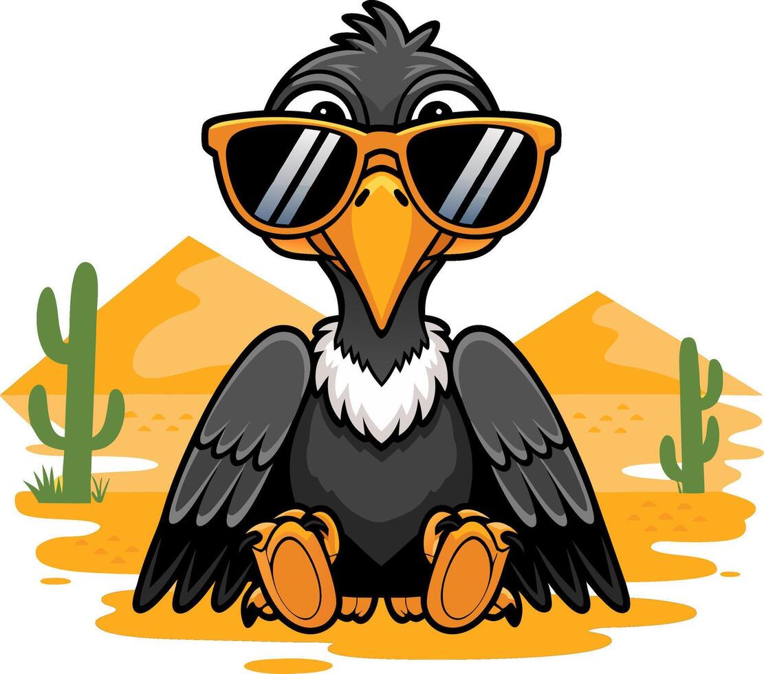 Cool Cartoon Vulture in Sunglasses Sitting in Desert Landscape Art vector