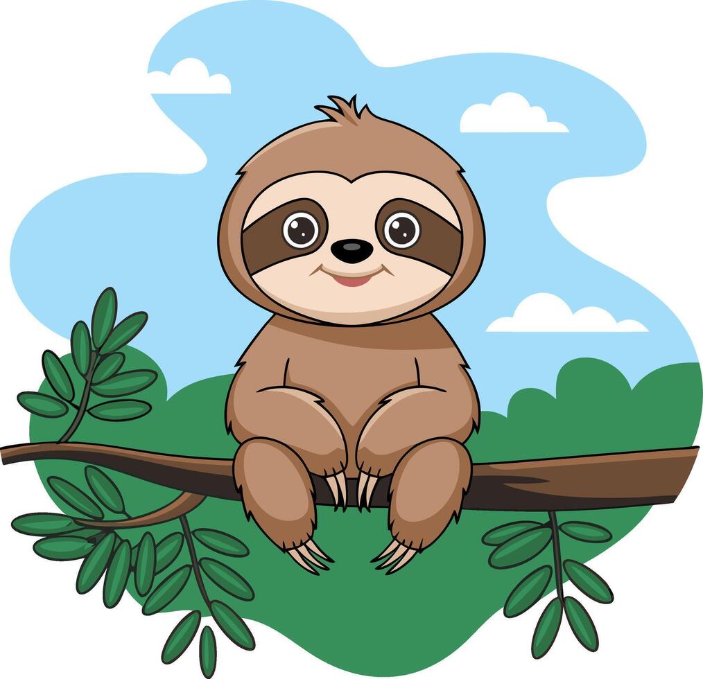 Cute Cartoon Sloth Sitting on Tree Branch in Jungle Illustration vector